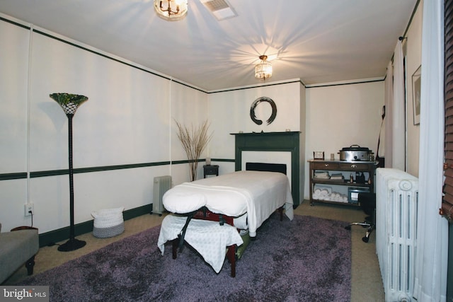 carpeted bedroom with radiator