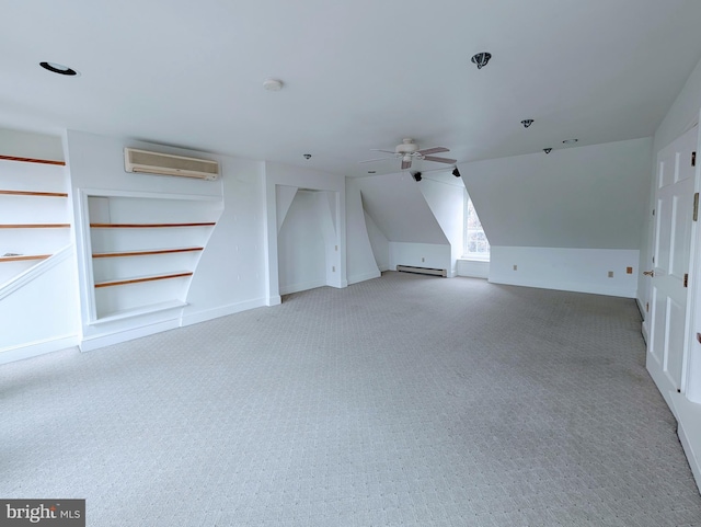 bonus room featuring a wall unit AC, ceiling fan, a baseboard radiator, carpet floors, and lofted ceiling