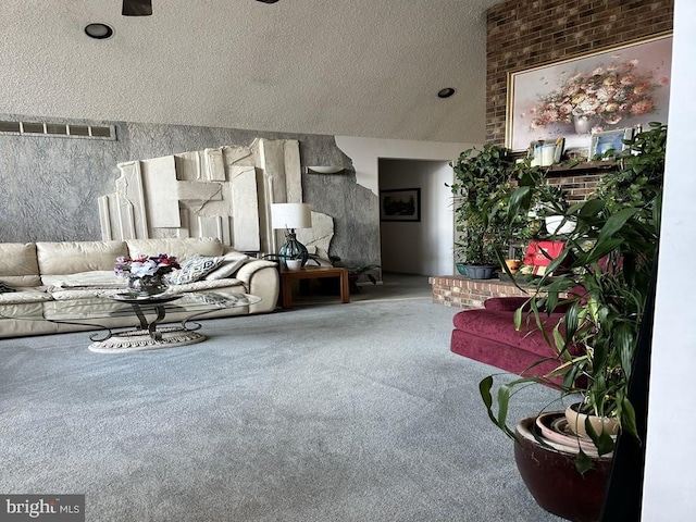 living room with vaulted ceiling, carpet, and a textured ceiling