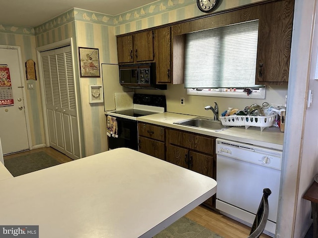 kitchen with dark brown cabinetry, sink, light hardwood / wood-style floors, and white appliances