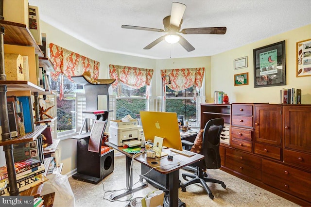 carpeted office space featuring a textured ceiling and ceiling fan