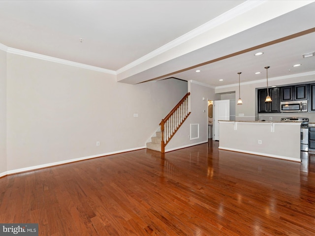 unfurnished living room featuring dark hardwood / wood-style floors and crown molding