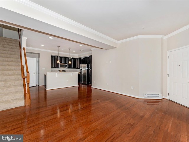 unfurnished living room featuring dark hardwood / wood-style flooring and crown molding