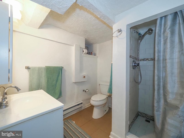 bathroom with vanity, a textured ceiling, curtained shower, a baseboard radiator, and toilet