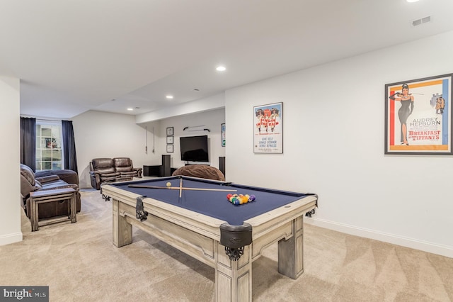 recreation room with light carpet and billiards