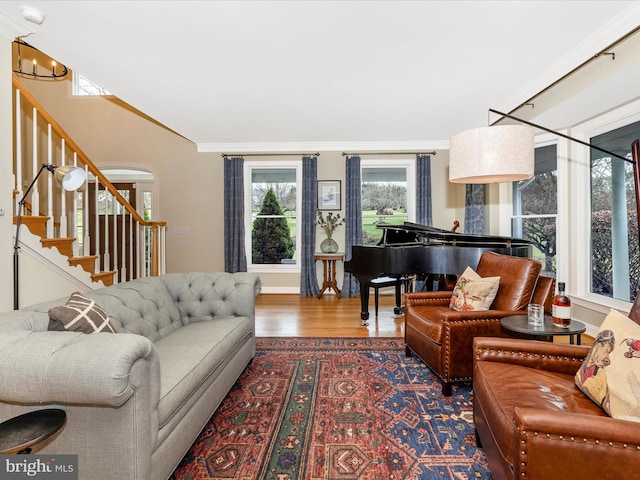 living room with dark wood-type flooring, a notable chandelier, and ornamental molding