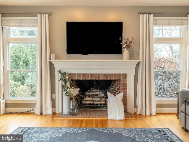 room details with hardwood / wood-style flooring and a brick fireplace