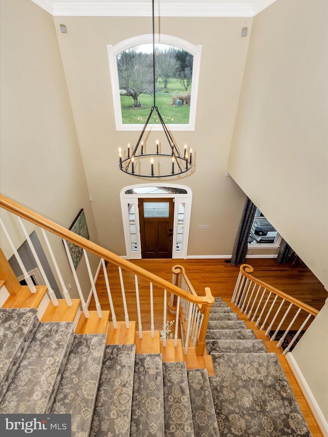 entrance foyer with hardwood / wood-style floors and ornamental molding