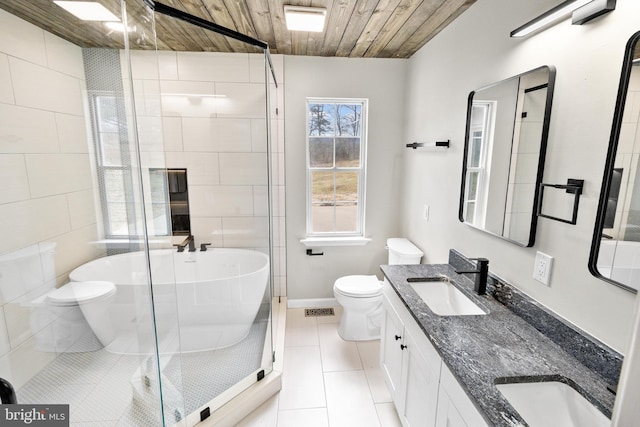 full bathroom with plus walk in shower, tile patterned floors, toilet, vanity, and wood ceiling