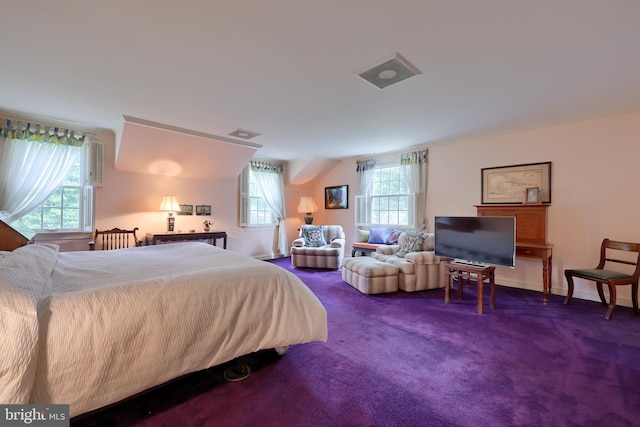 bedroom featuring multiple windows and dark carpet