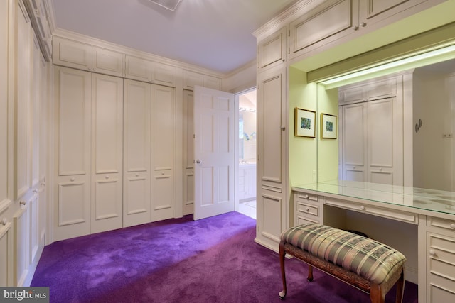 interior space featuring crown molding and carpet