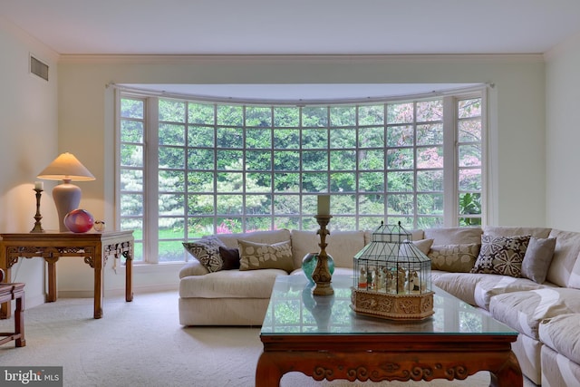 carpeted living room featuring crown molding