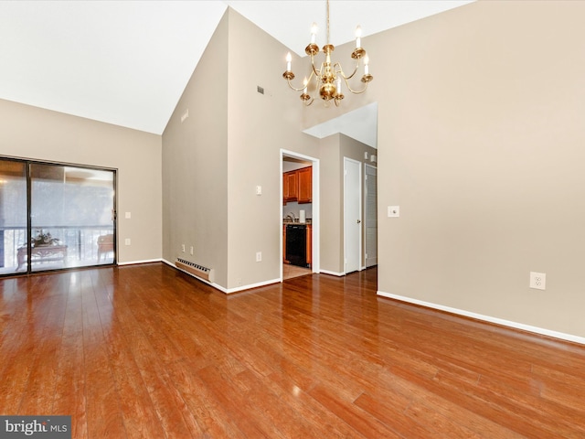 unfurnished living room with a chandelier, wood-type flooring, high vaulted ceiling, and a baseboard radiator