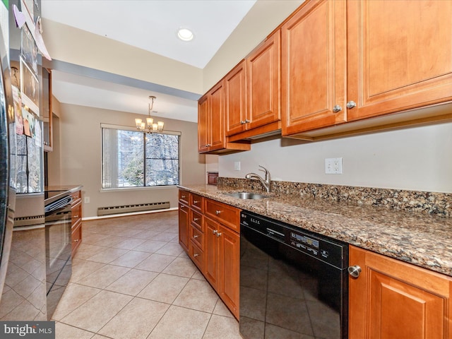 kitchen with a baseboard heating unit, sink, dark stone countertops, a chandelier, and black dishwasher