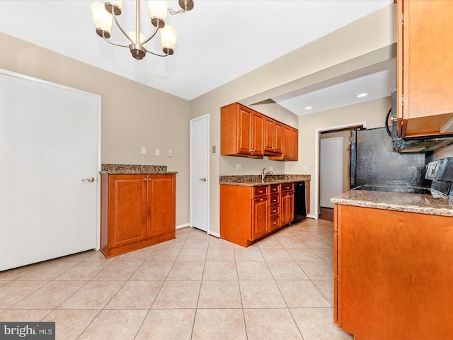 kitchen with light stone countertops, sink, pendant lighting, light tile patterned floors, and a notable chandelier