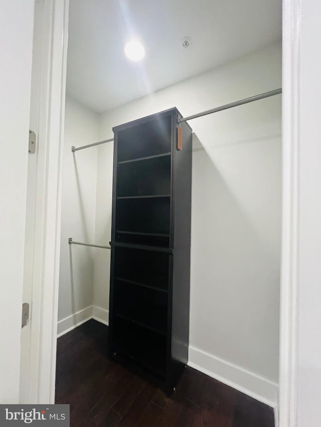 walk in closet with dark hardwood / wood-style floors