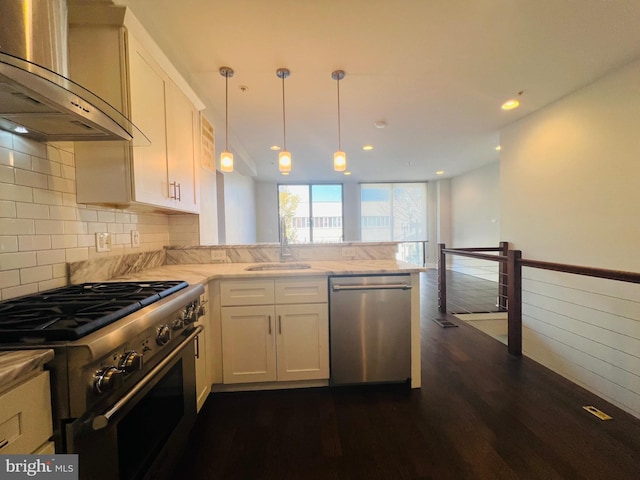 kitchen featuring sink, wall chimney exhaust hood, stainless steel appliances, dark hardwood / wood-style flooring, and decorative light fixtures