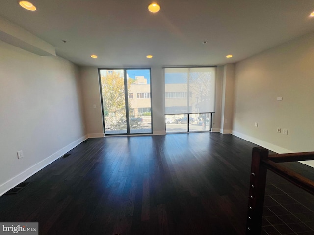 empty room featuring floor to ceiling windows and dark hardwood / wood-style flooring