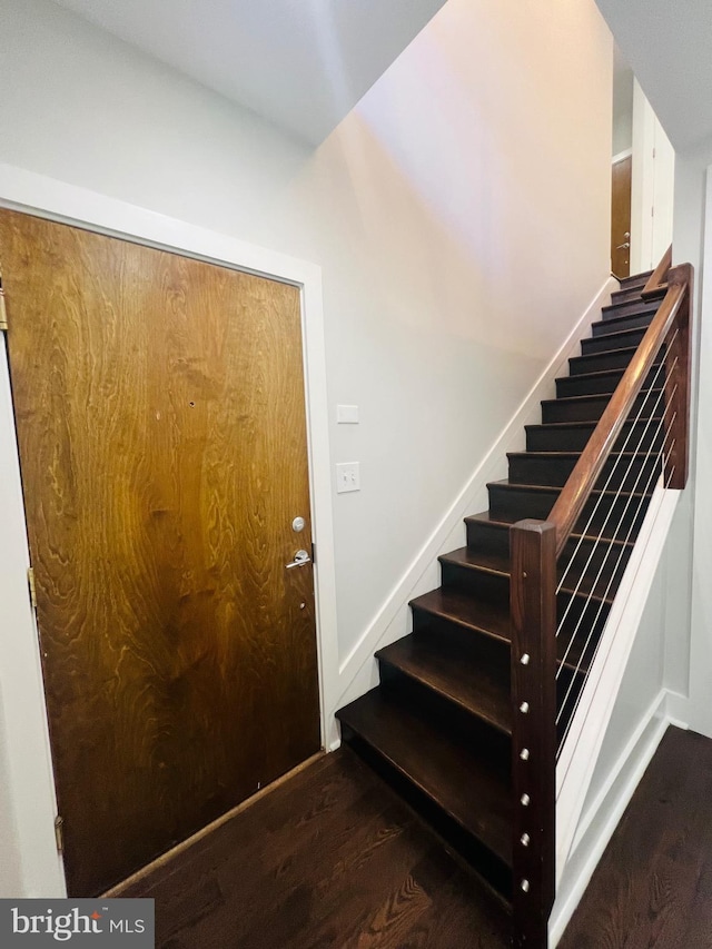 staircase with hardwood / wood-style flooring