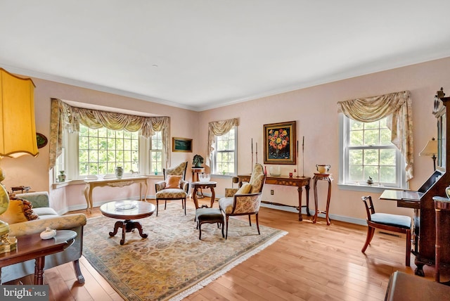 living area featuring light wood-type flooring and ornamental molding