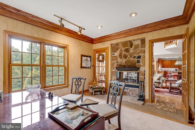 interior space featuring a stone fireplace and crown molding