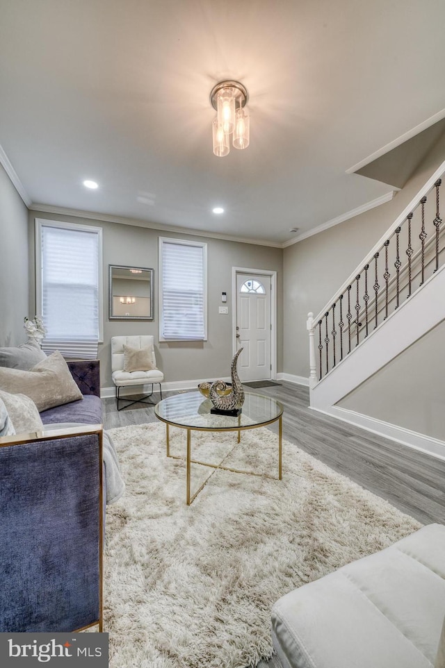 living room with hardwood / wood-style flooring and crown molding