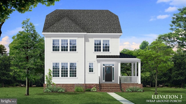 view of front of house featuring covered porch and a front yard