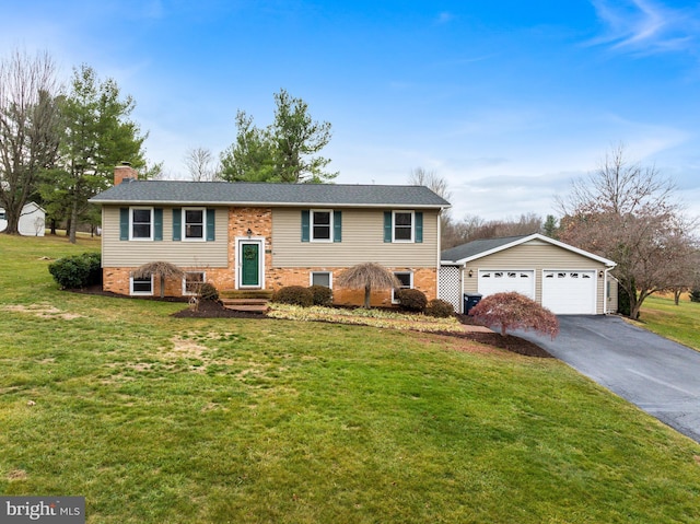 bi-level home with a front lawn and a garage