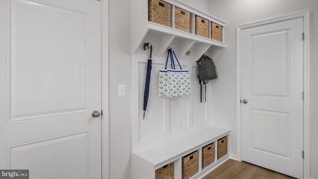 mudroom with wood-type flooring