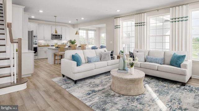 living room featuring light hardwood / wood-style floors and a healthy amount of sunlight