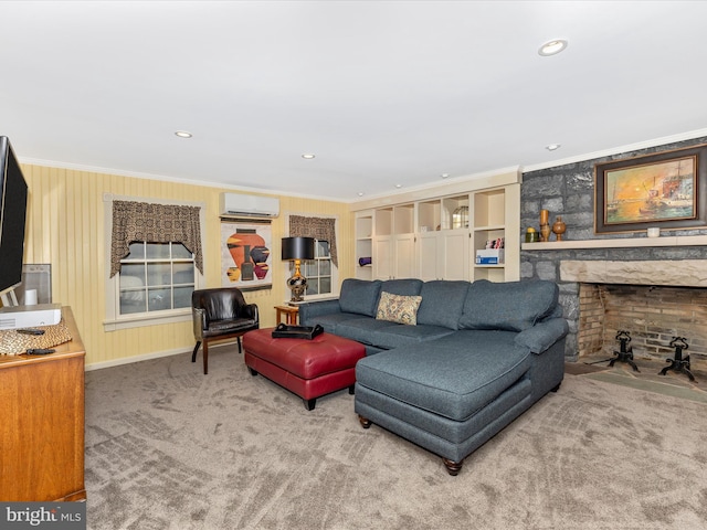 carpeted living room featuring a wall mounted air conditioner, a fireplace, built in features, and crown molding