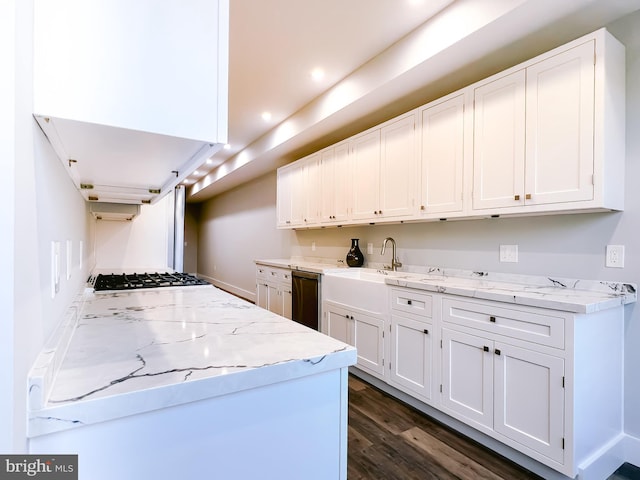 kitchen with light stone countertops, sink, stainless steel appliances, dark hardwood / wood-style floors, and white cabinets