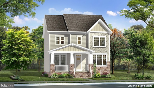 TBB Westmoreland Way Clemson Ii, Charles Town, WV 25414 - craftsman inspired home with board and batten siding, a front lawn, a porch, roof with shingles, and stone siding