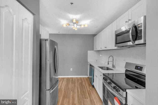 kitchen featuring light wood-type flooring, tasteful backsplash, stainless steel appliances, sink, and white cabinetry