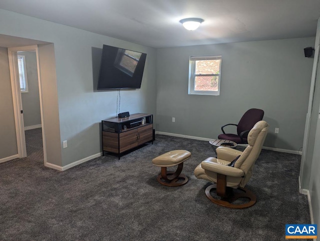 sitting room featuring dark carpet