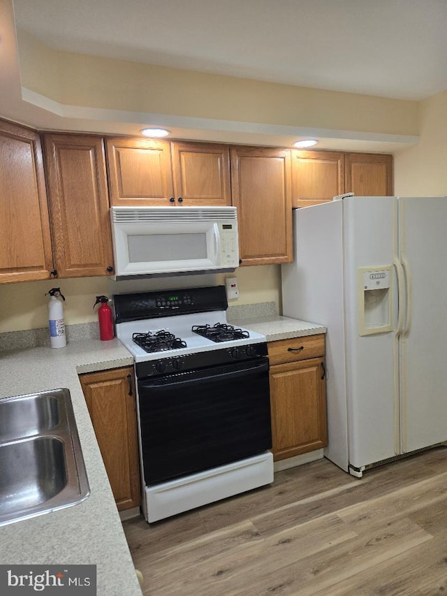 kitchen featuring wood-type flooring, white appliances, and sink