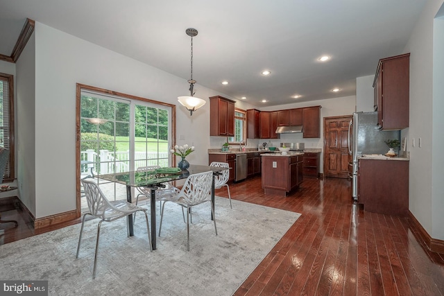 dining space with sink and dark hardwood / wood-style floors