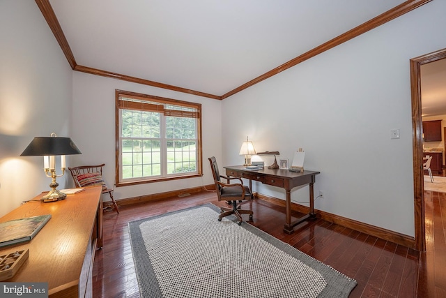 office space with crown molding and dark hardwood / wood-style floors