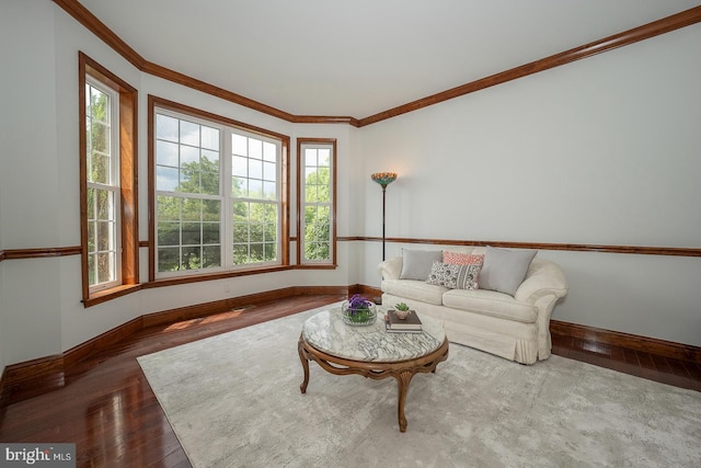 unfurnished living room featuring hardwood / wood-style floors and ornamental molding