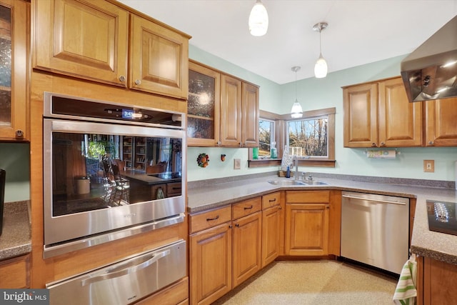 kitchen with pendant lighting, island exhaust hood, sink, and stainless steel appliances