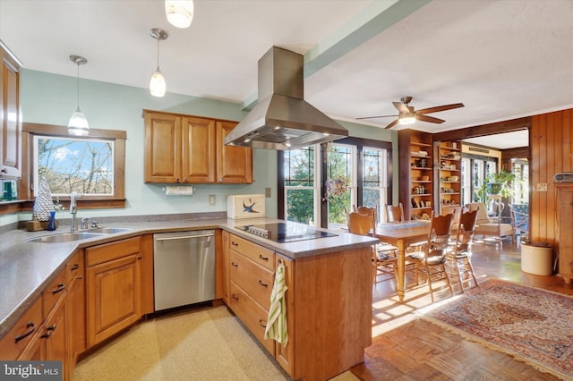 kitchen featuring island range hood, stainless steel dishwasher, a healthy amount of sunlight, and black electric cooktop