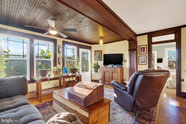 living room featuring baseboard heating, ceiling fan, beamed ceiling, and wooden ceiling