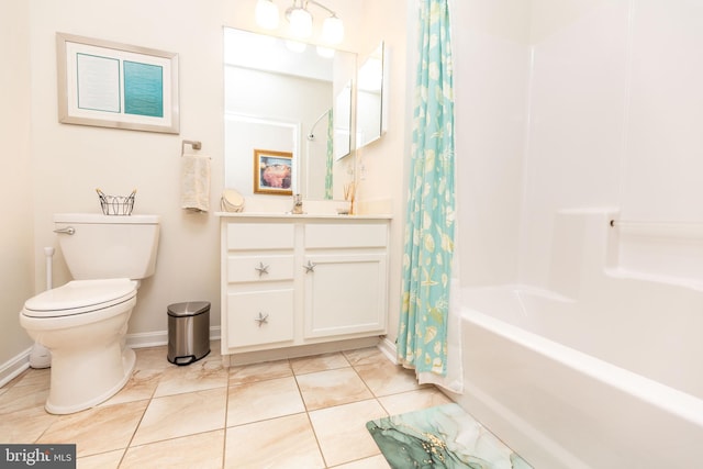 full bathroom with tile patterned floors, vanity, shower / bathtub combination with curtain, and toilet