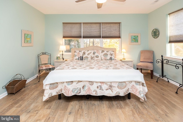 bedroom featuring ceiling fan and light wood-type flooring