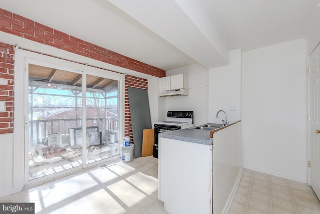 kitchen featuring white cabinetry, sink, brick wall, white range with electric cooktop, and custom exhaust hood