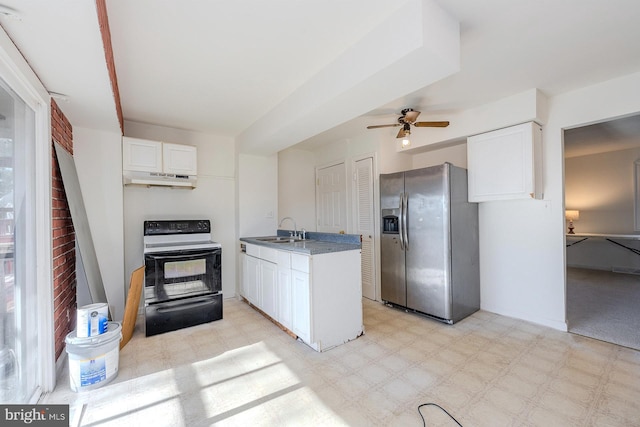 kitchen with white cabinets, stainless steel fridge with ice dispenser, sink, and black electric range