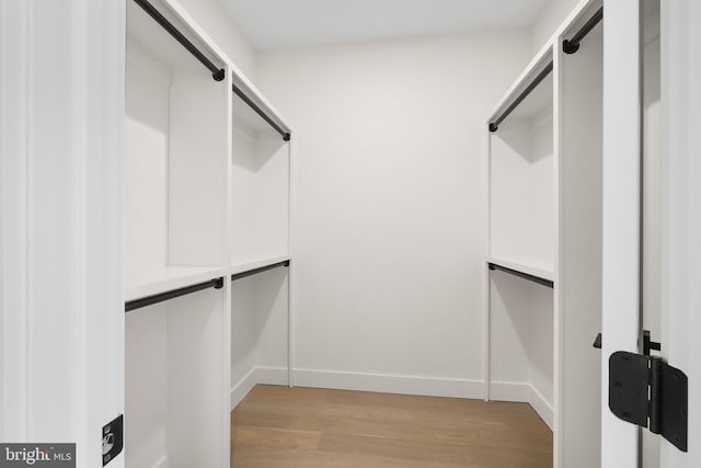 walk in closet with light hardwood / wood-style flooring