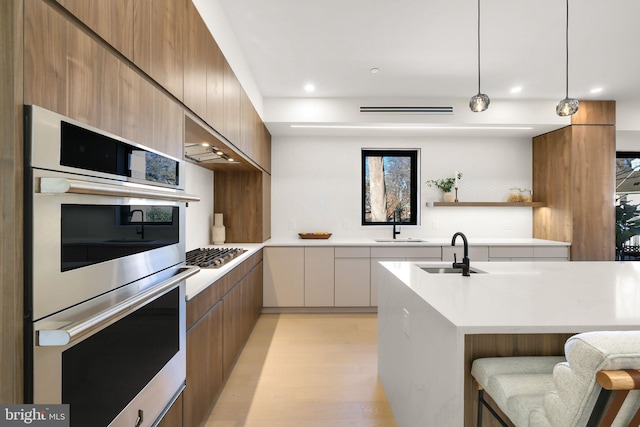 kitchen featuring decorative light fixtures, light wood-type flooring, stainless steel appliances, and sink