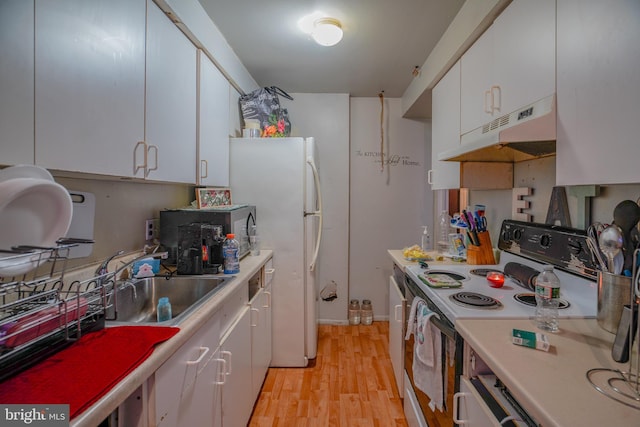 kitchen featuring white cabinetry, light hardwood / wood-style flooring, white appliances, and sink