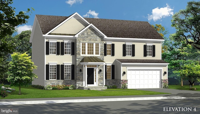 view of front facade with a front lawn and a garage